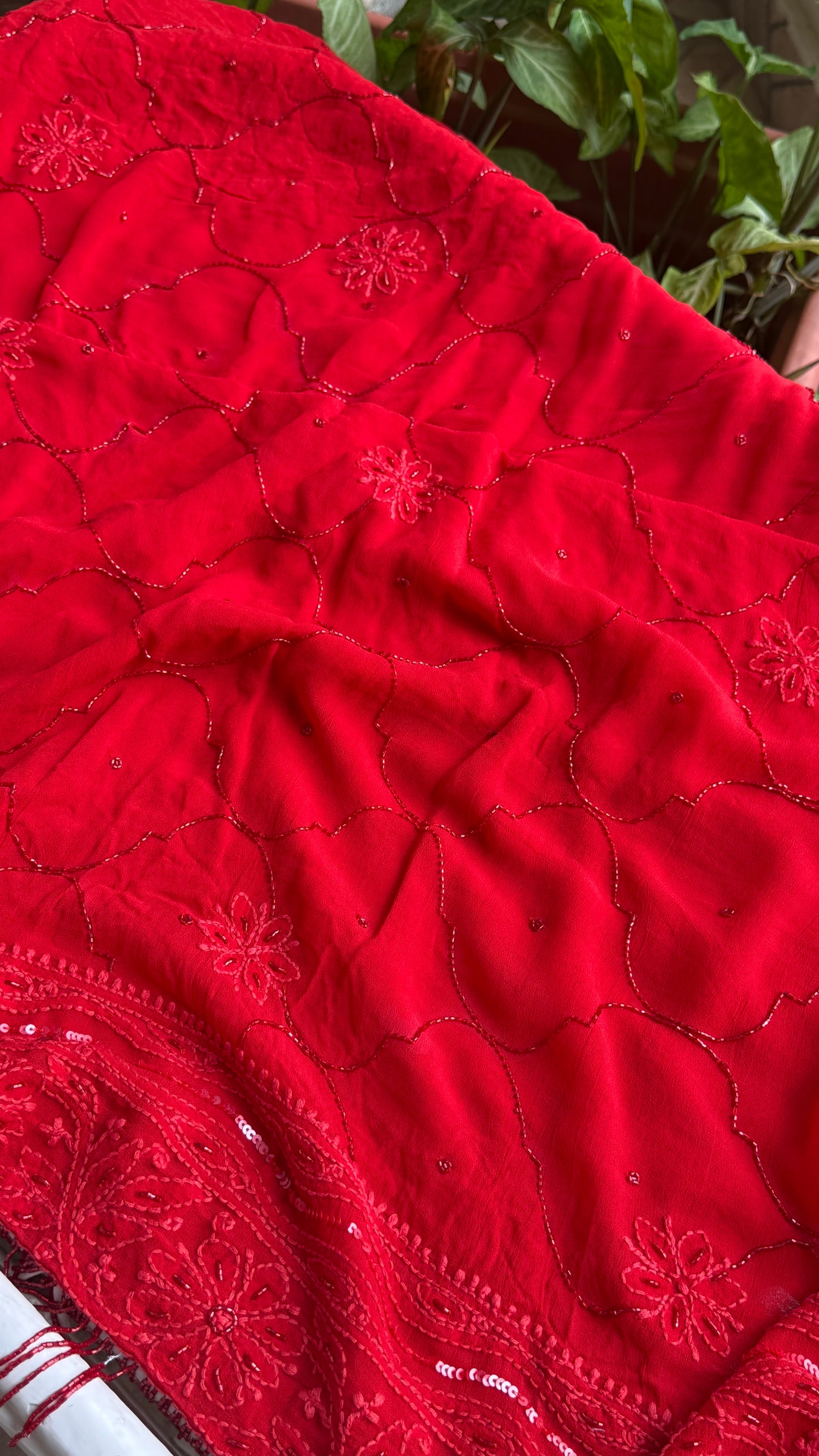 Red Chikankari Sequins and Cut Dana Anarkali