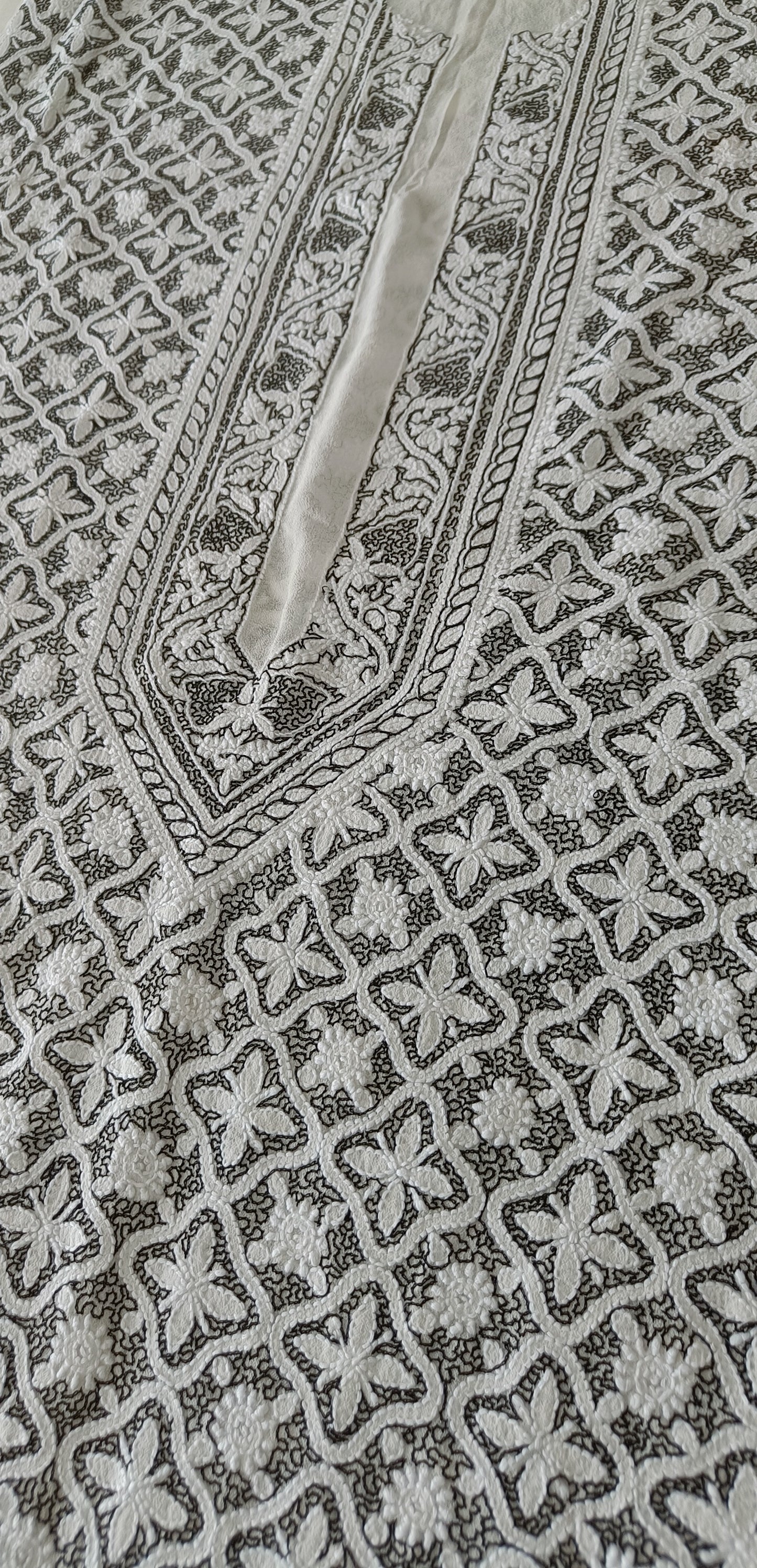 White Chikankari Men's Kurta with Allover Black Aari Embroidery