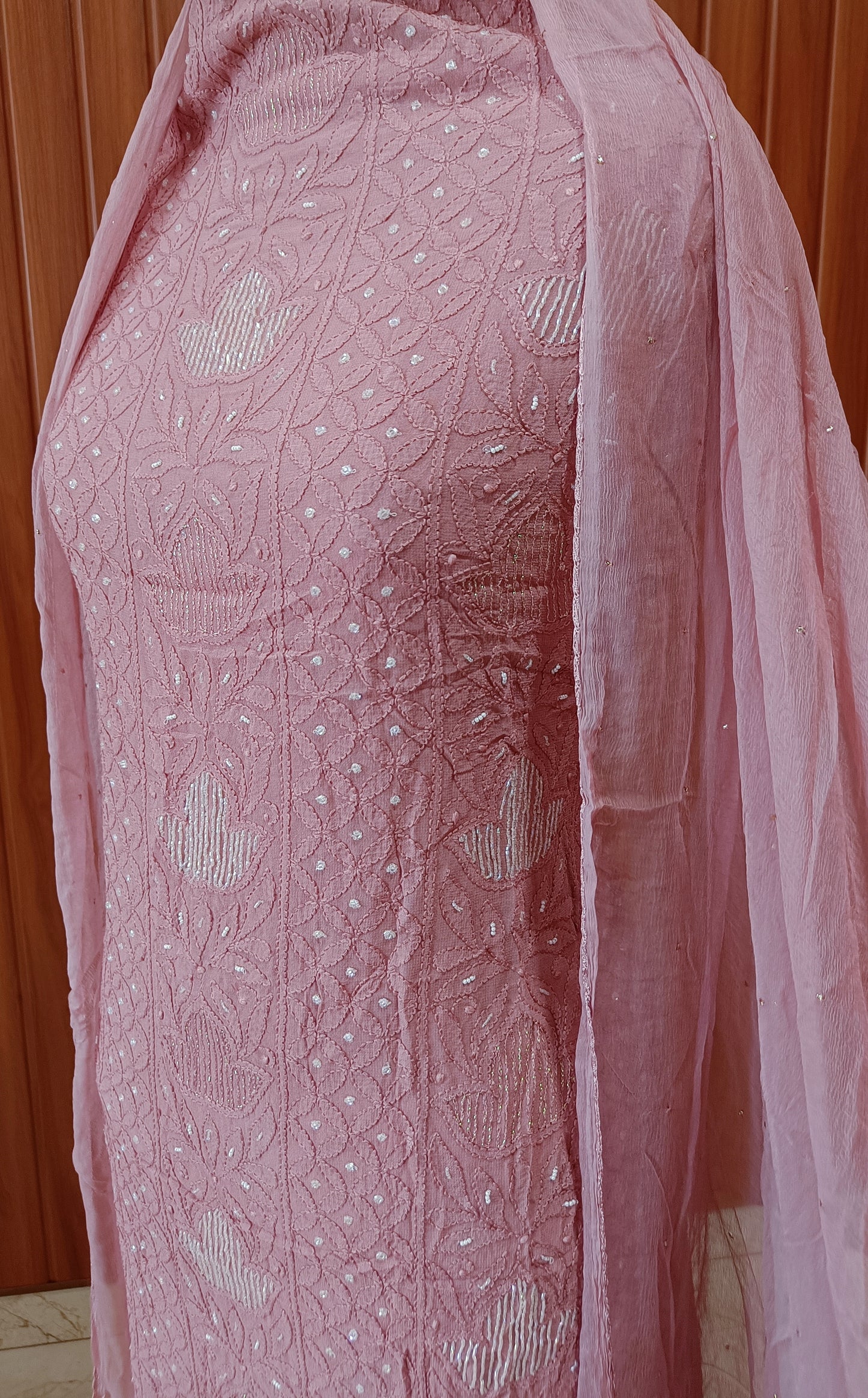 Taupe Pink Chikankari Pearl and Cut Dana work Kurta and Dupatta