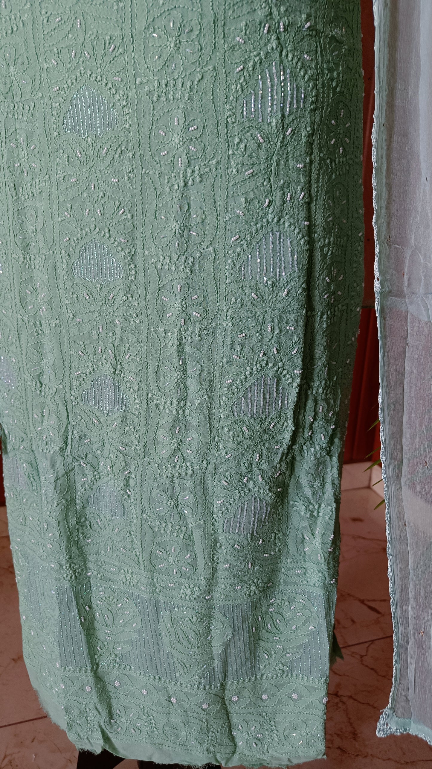 Sage Green Chikankari Pearl and Cut Dana work Kurta and Dupatta