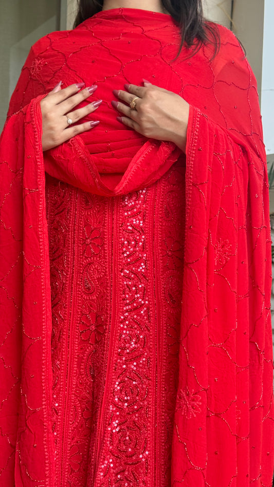 Red Chikankari Sequins and Cut Dana Anarkali