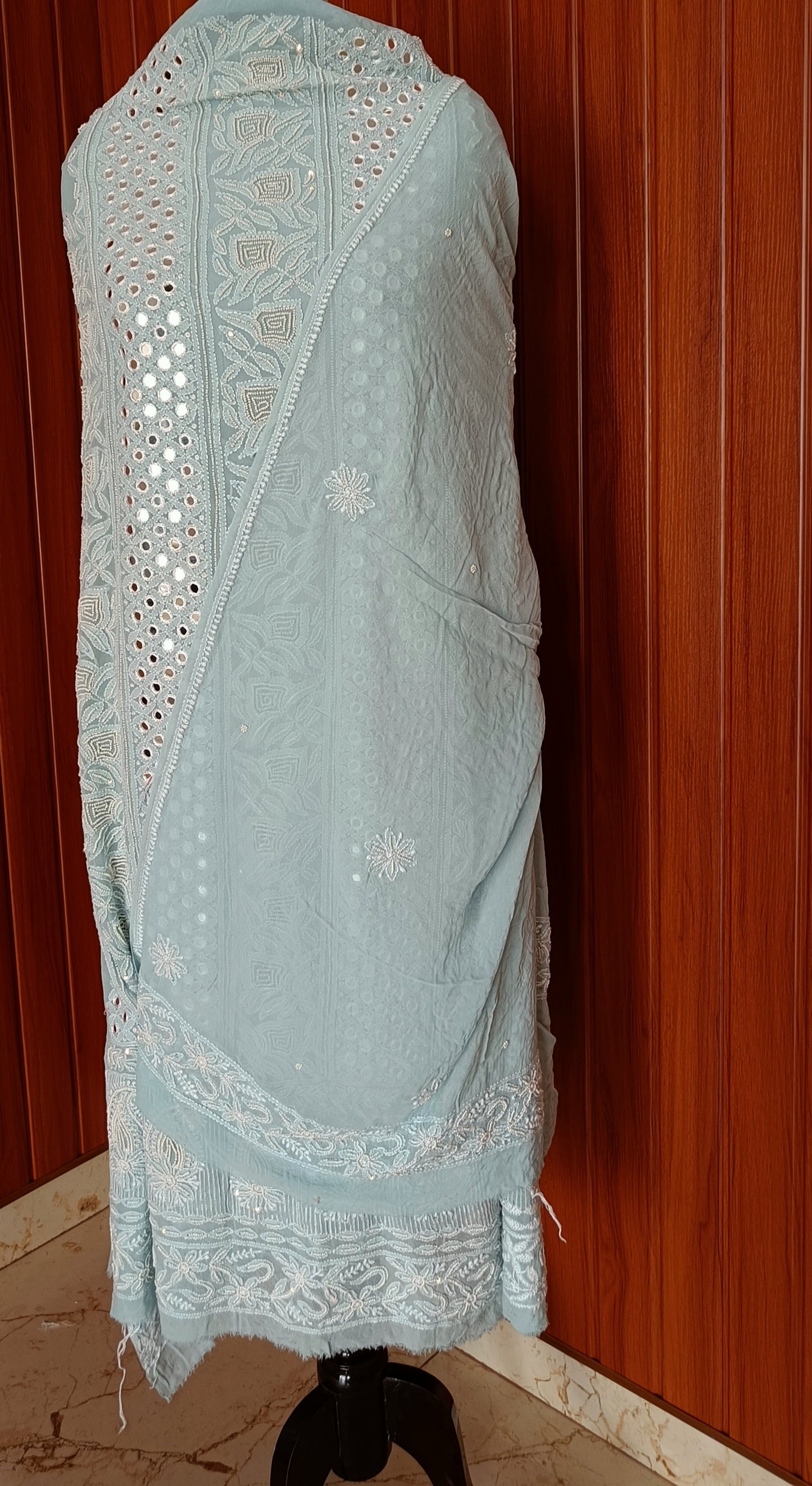 Light Blue Chikankari Mirror and Pearl work Kurta and Dupatta