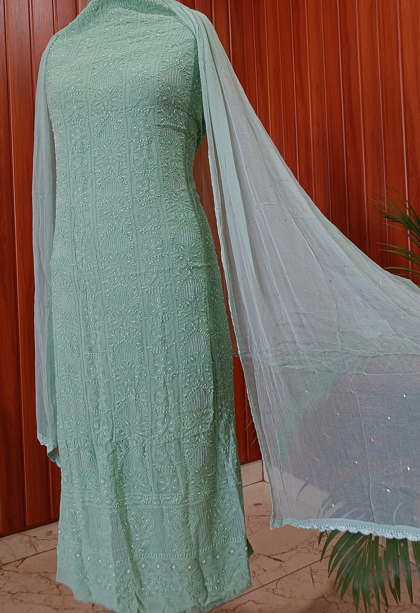 Sage Green Chikankari Pearl and Cut Dana work Kurta and Dupatta