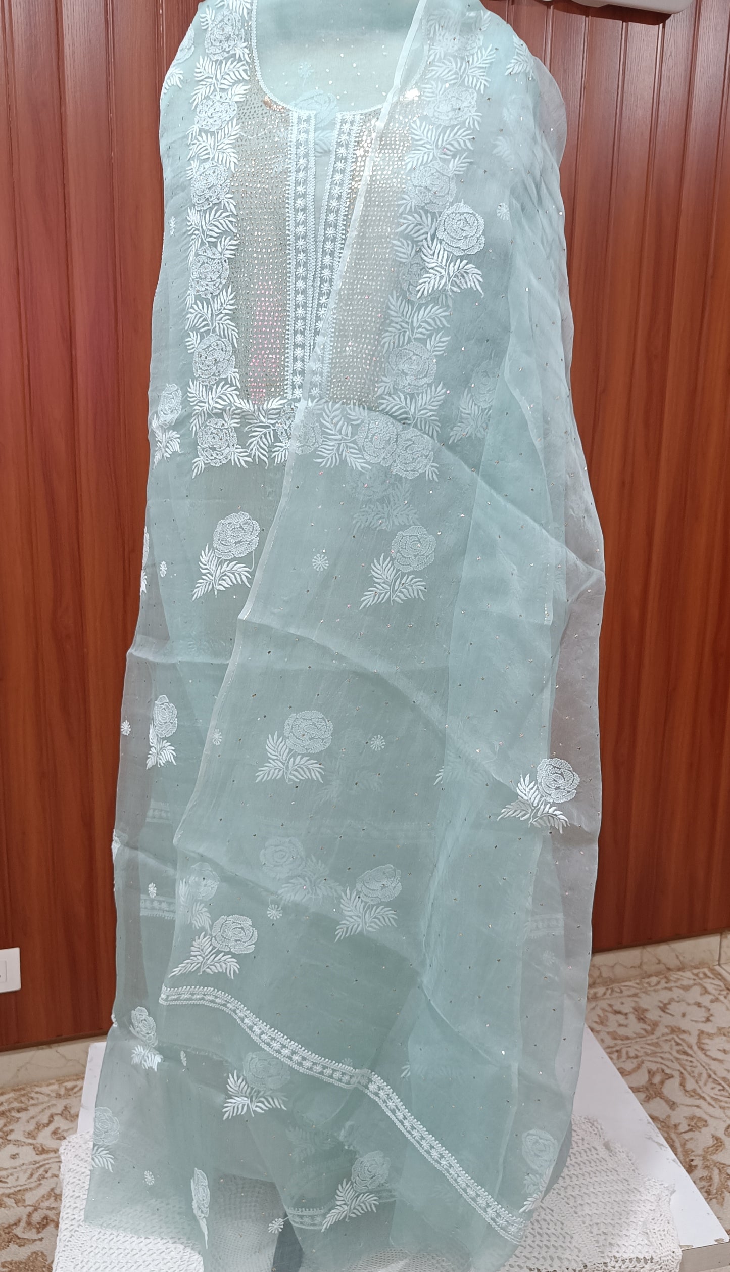 Ocean blue Chikankari and mukaish work pure Organza kurta with dupatta