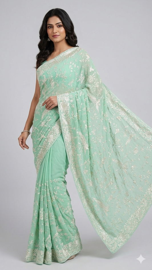 Mint Green Masterpiece Parsi Gara Hand Embroidered Saree