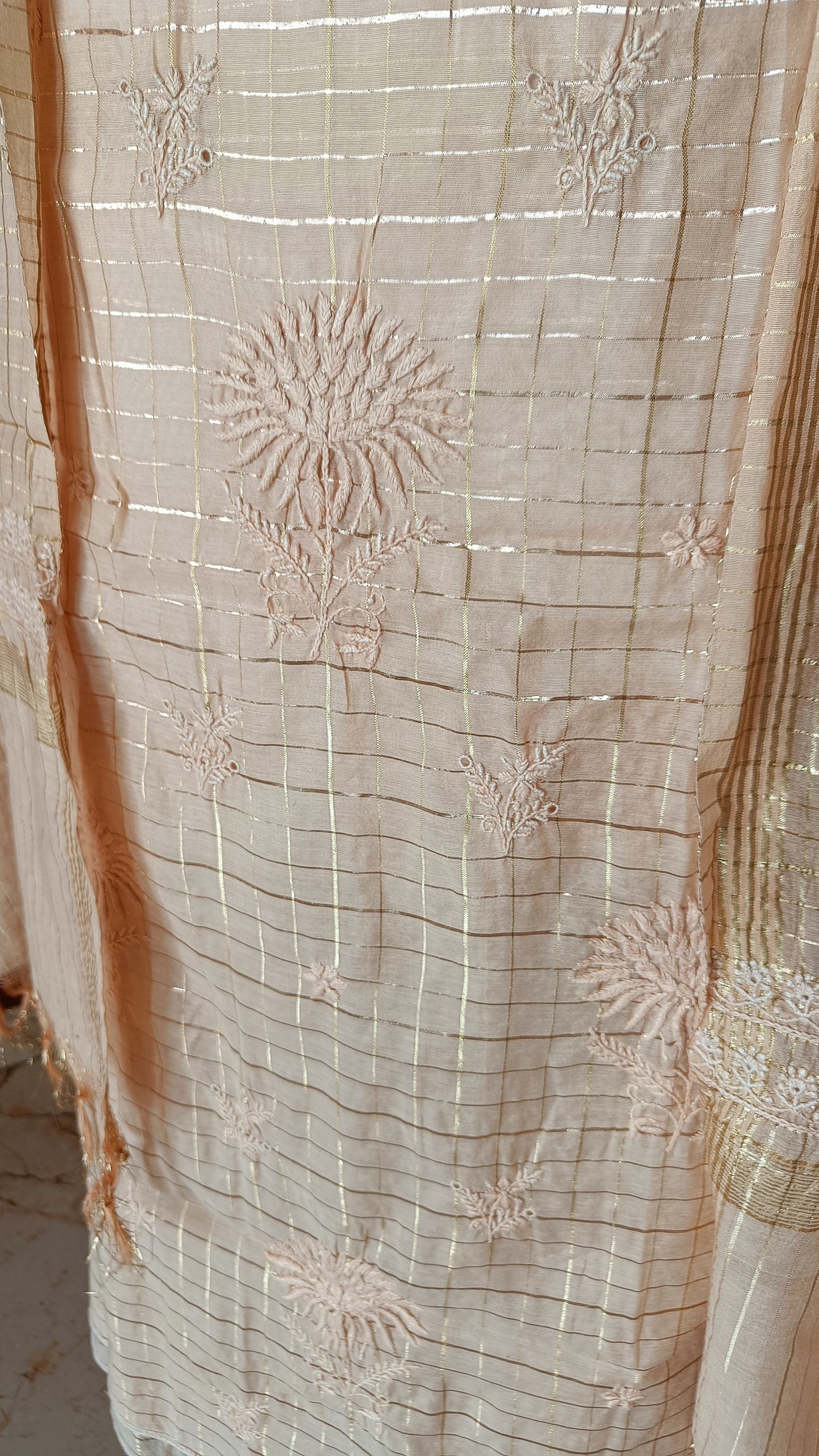 Beige Pure Chanderi chikankari kurta and dupatta