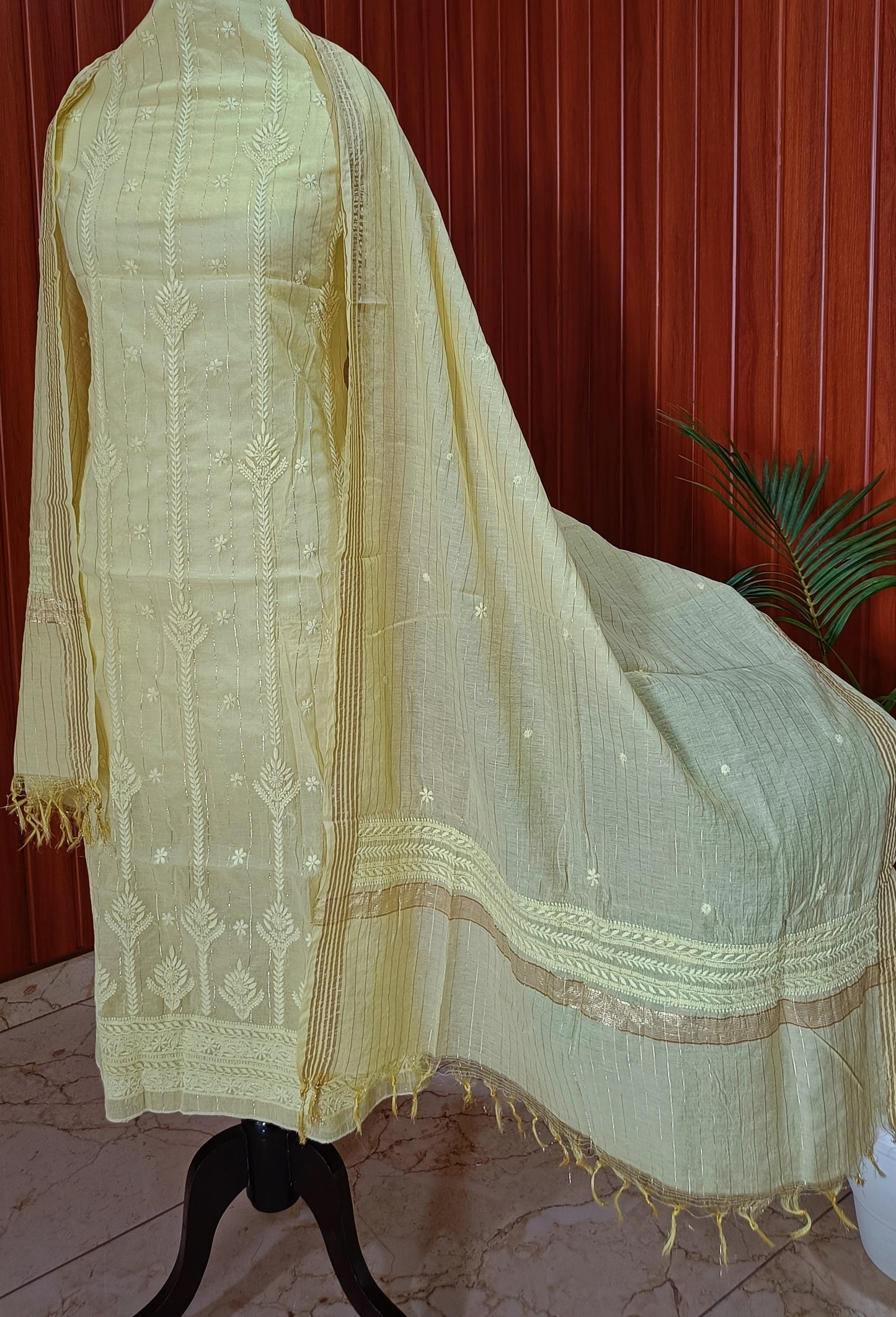 Lemon Yellow Pure Chanderi chikankari kurta and dupattta