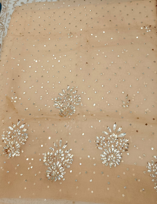 Golden beige Badla and Mukaish work pure Organza kurta with dupatta