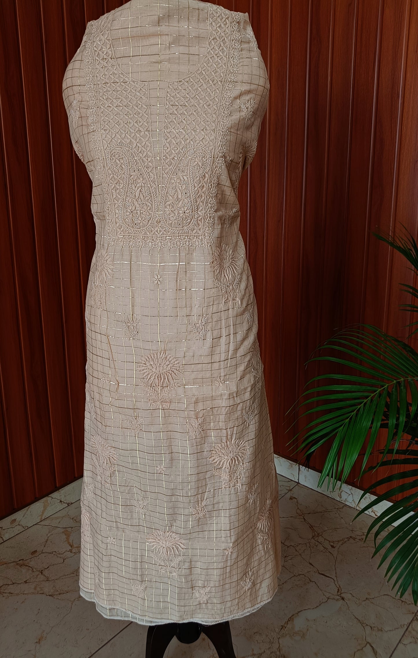 Beige Pure Chanderi chikankari kurta and dupatta