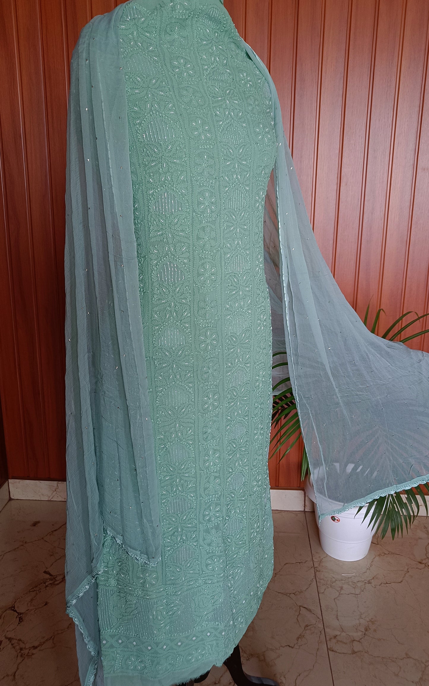 Sage Green Chikankari Pearl and Cut Dana work Kurta and Dupatta
