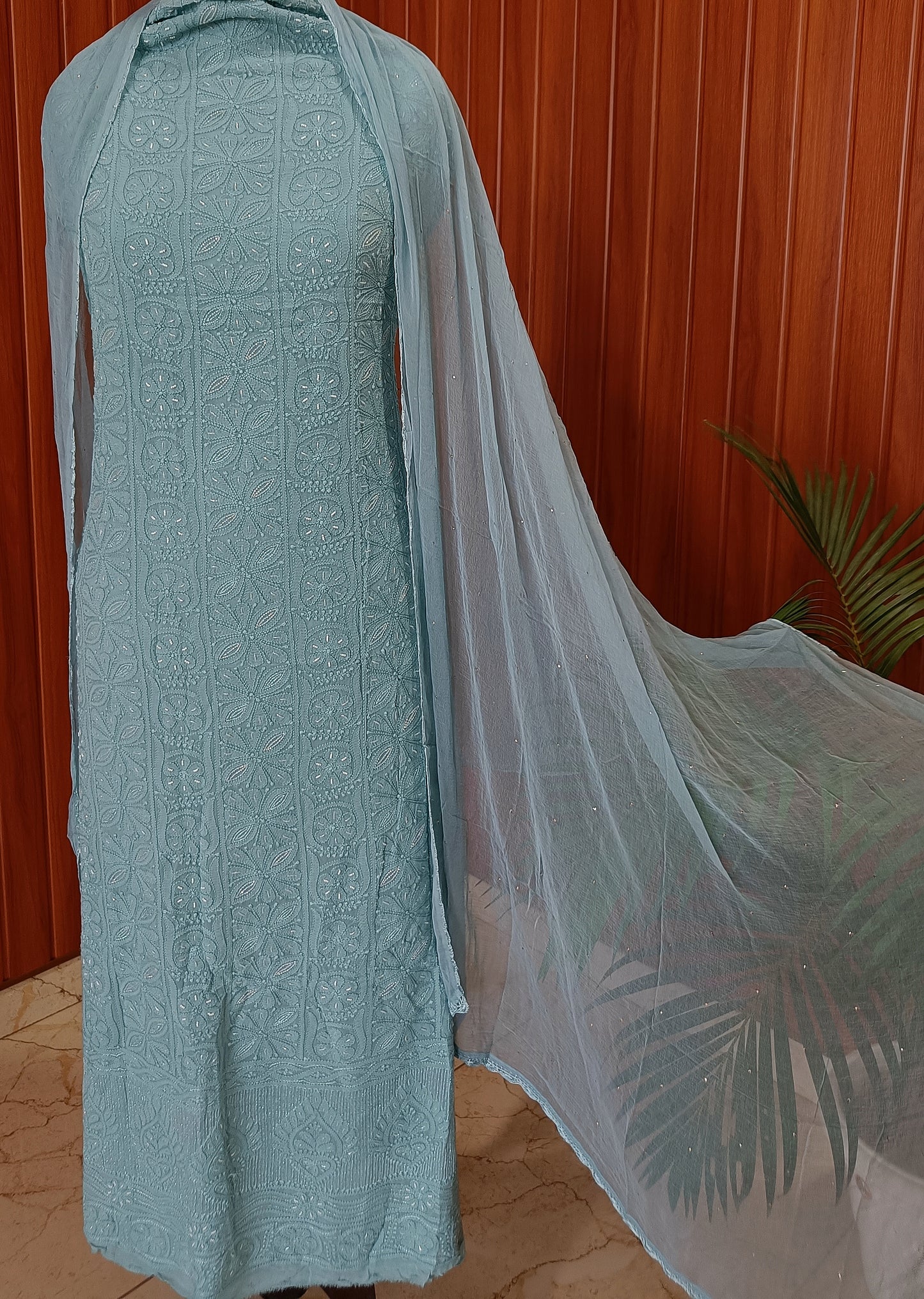 Ocean Blue Chikankari Pearl and Cut dana work Kurta and Dupatta