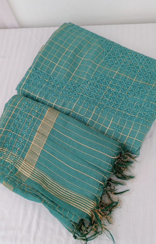 Turquoise Green Pure Chanderi chikankari kurta and dupatta