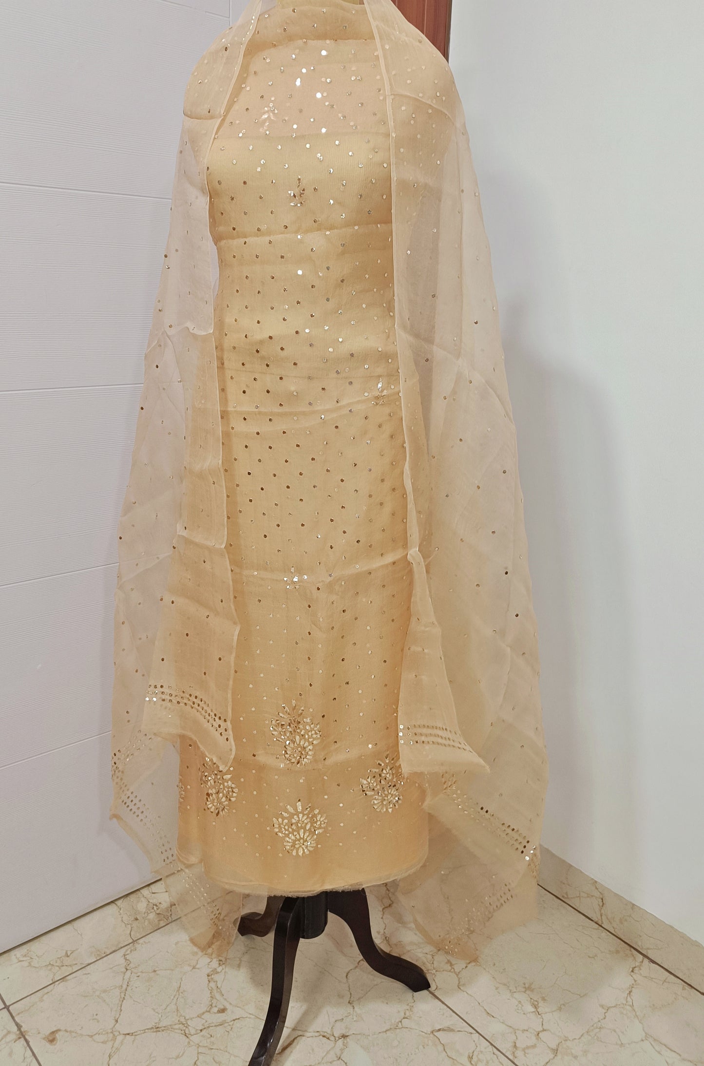 Golden beige Badla and Mukaish work pure Organza kurta with dupatta