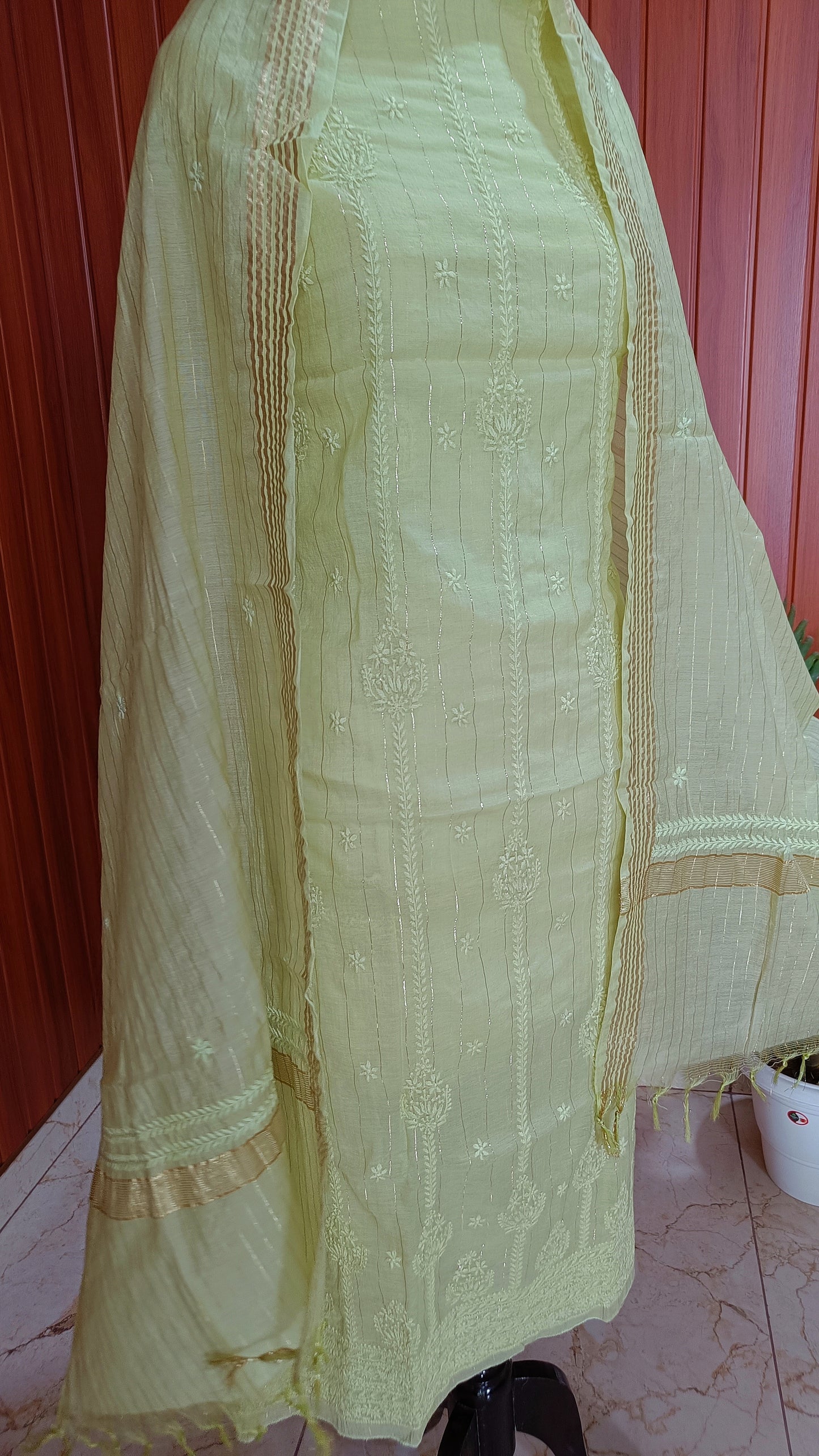 Lime Green Pure Chanderi chikankari kurta and dupattta