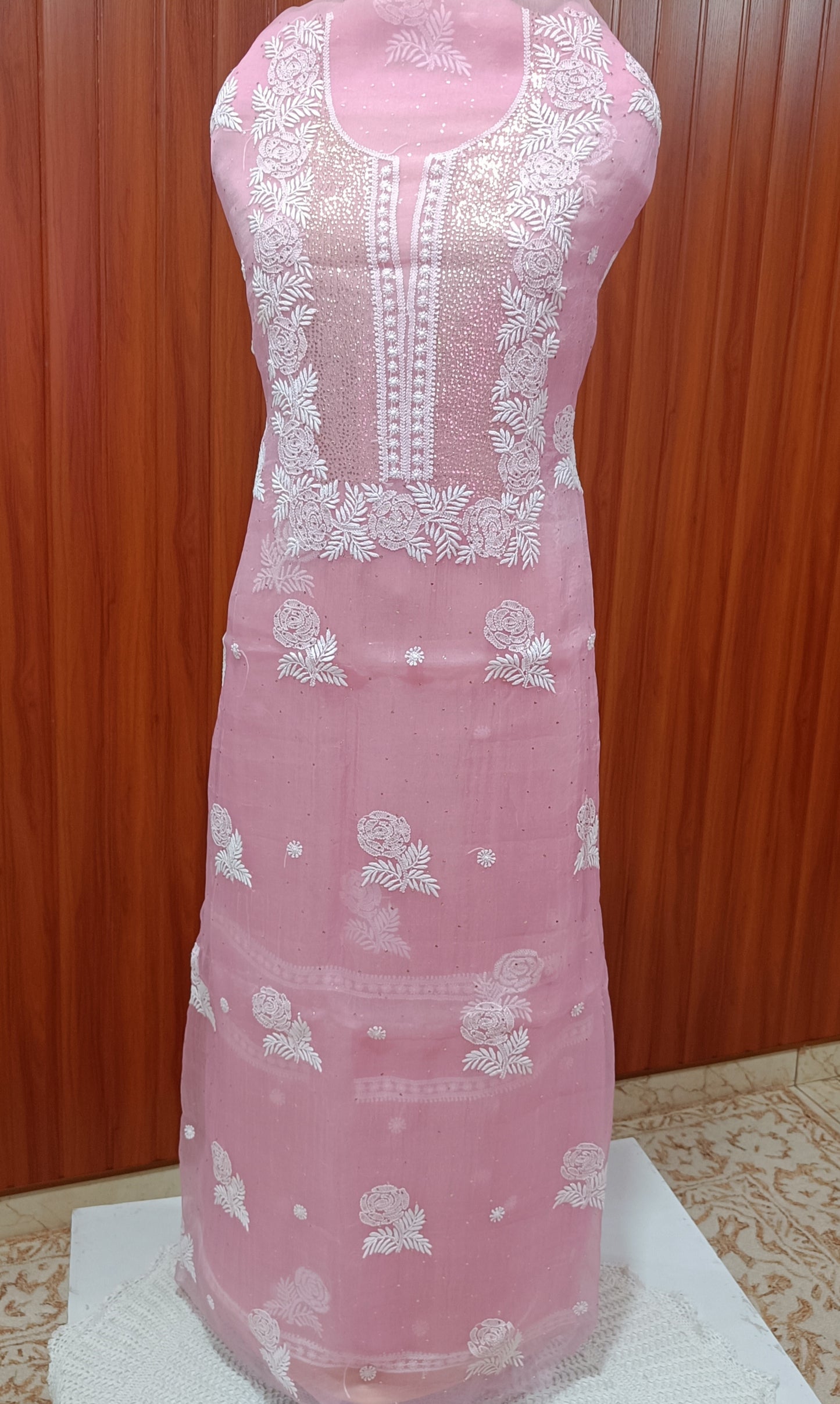 Rose Pink Chikankari and mukaish work pure Organza kurta with dupatta