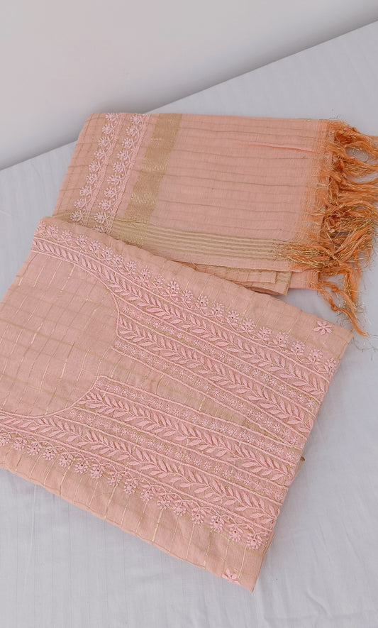 Peach Pure Chanderi chikankari kurta and dupatta