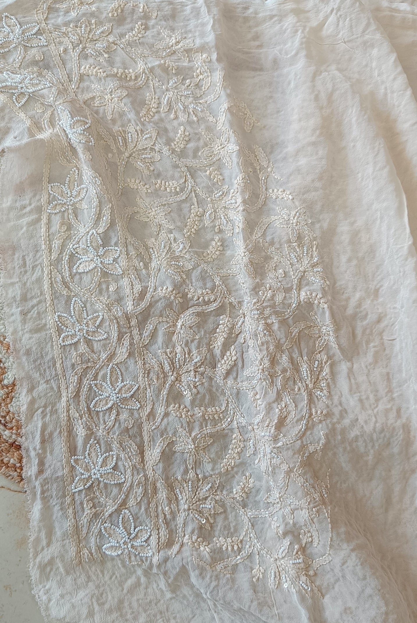 Beige Chikankari Pearl Cut Dana and Sequins Saree