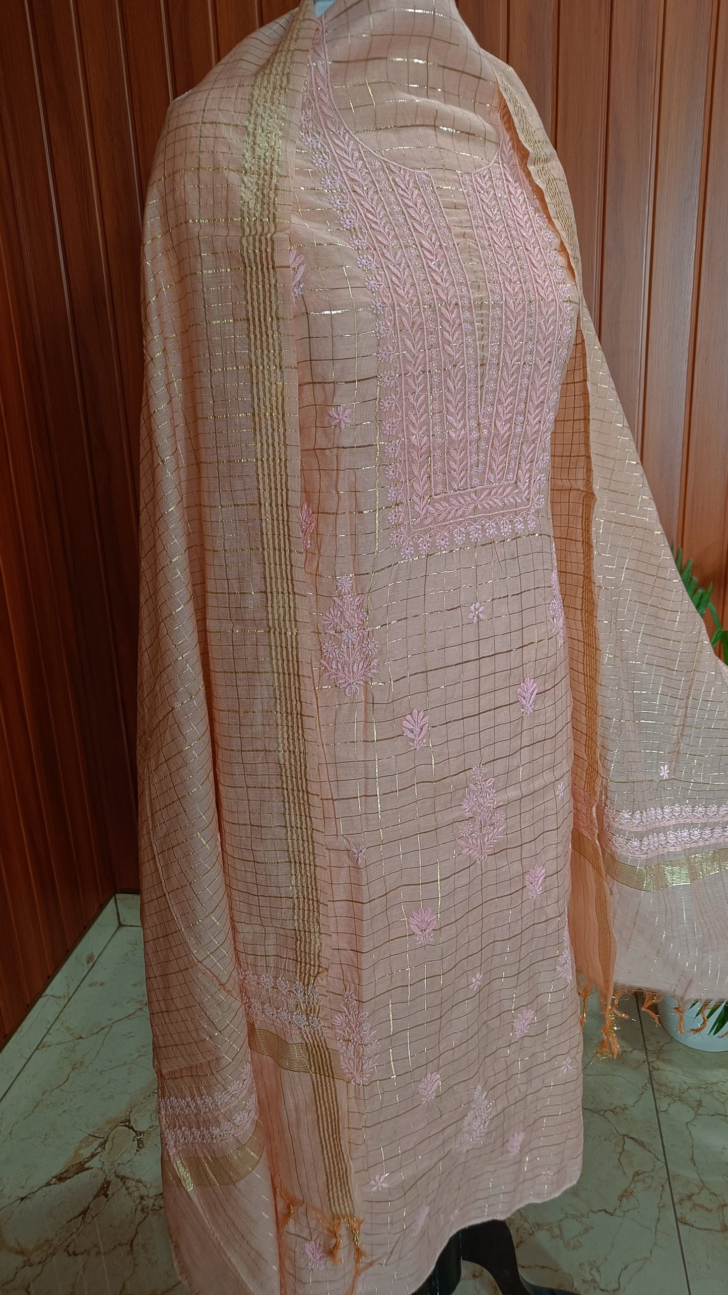 Peach Pure Chanderi chikankari kurta and dupatta