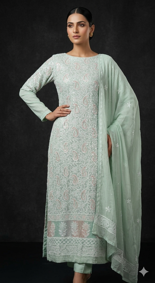 Sea green Chikankari cut dana sequins work kurta and dupatta