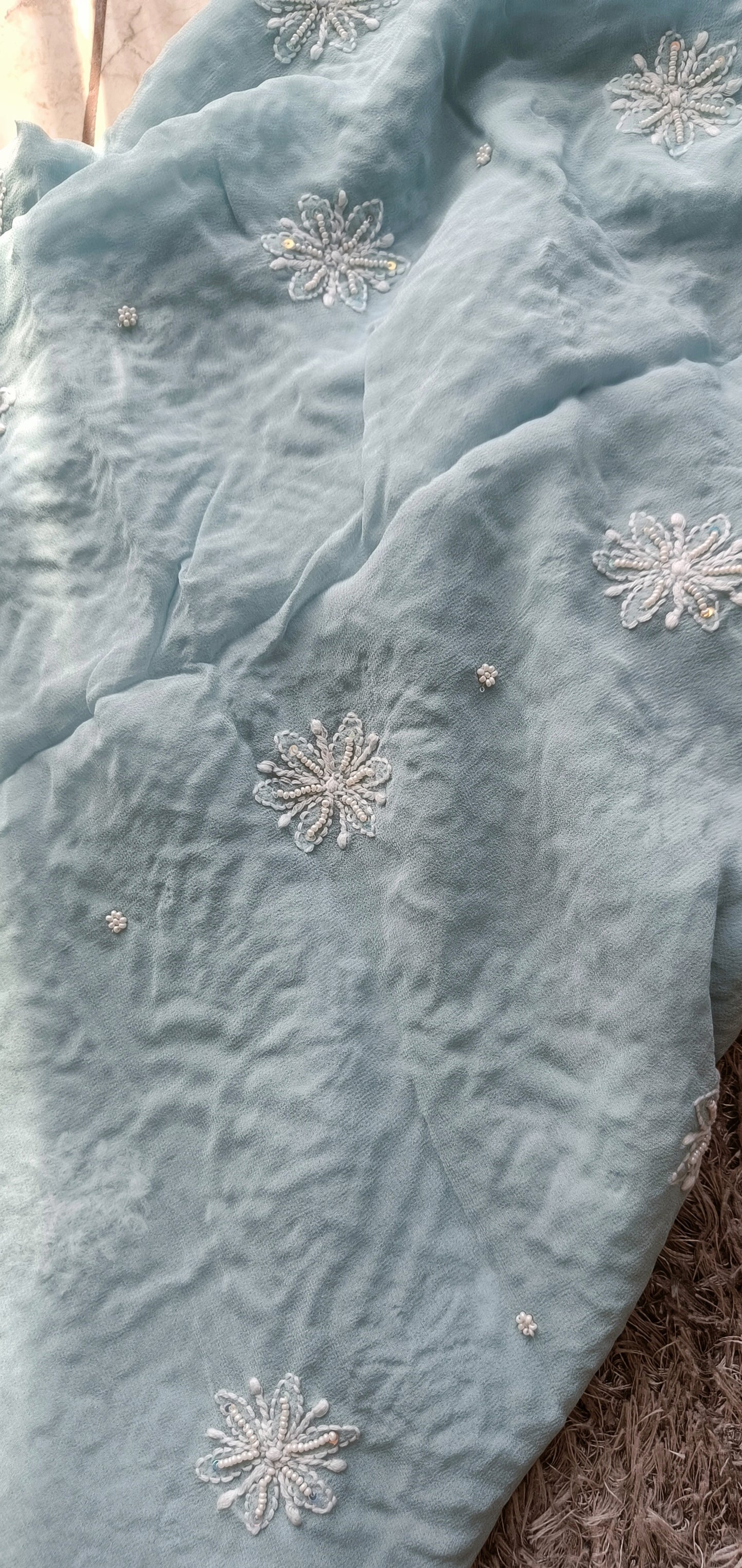 Light Blue Chikankari Mirror and Pearl work Kurta and Dupatta