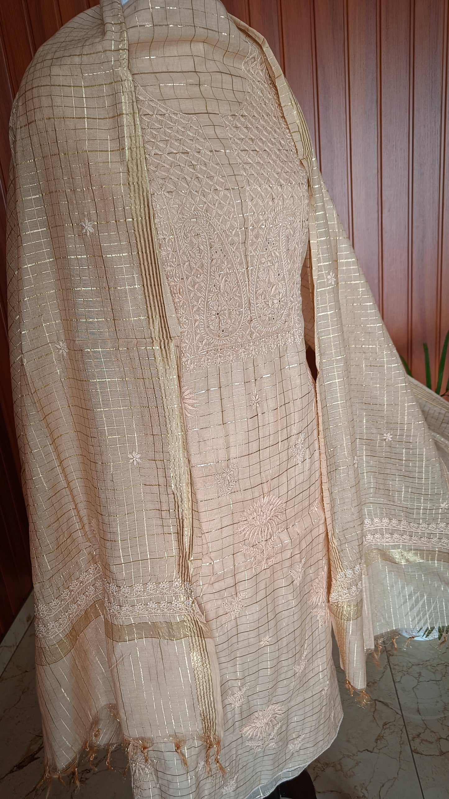 Beige Pure Chanderi chikankari kurta and dupatta