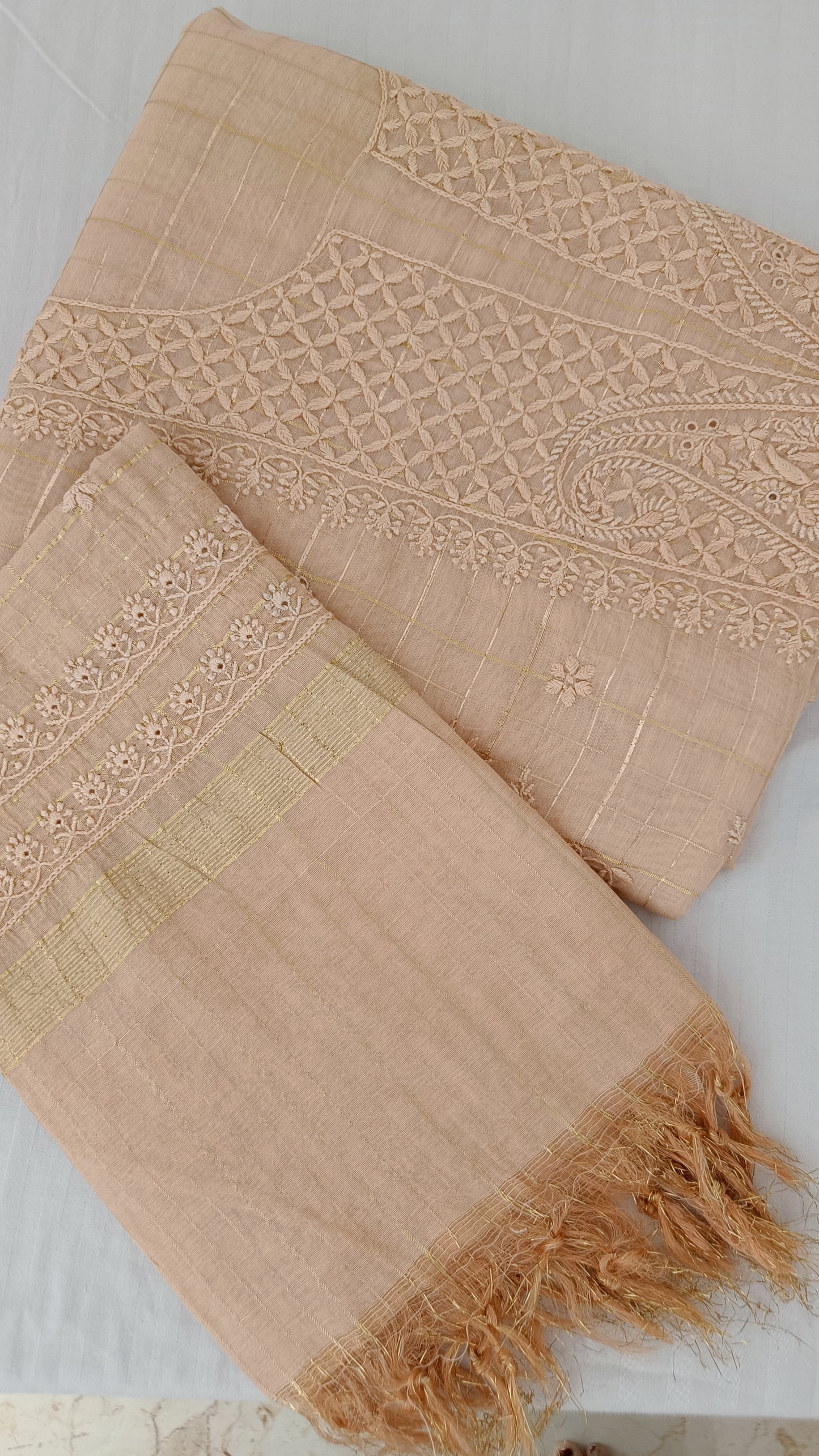 Beige Pure Chanderi chikankari kurta and dupatta