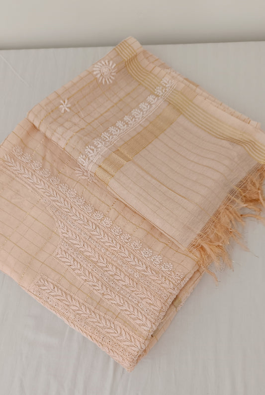 Nude Peach Pure Chanderi chikankari kurta and dupatta