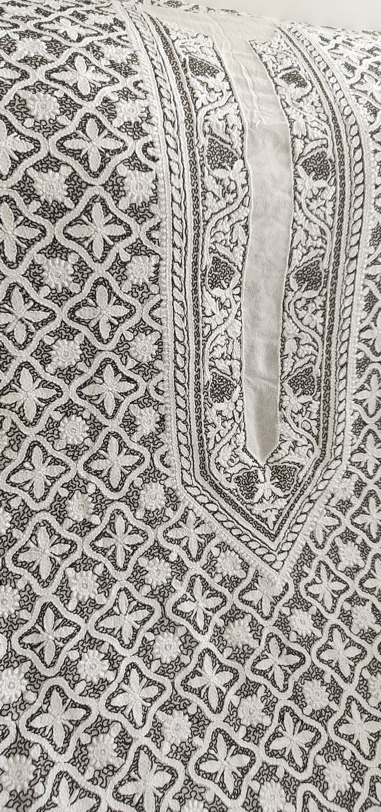 White Chikankari Men's Kurta with Allover Black Aari Embroidery