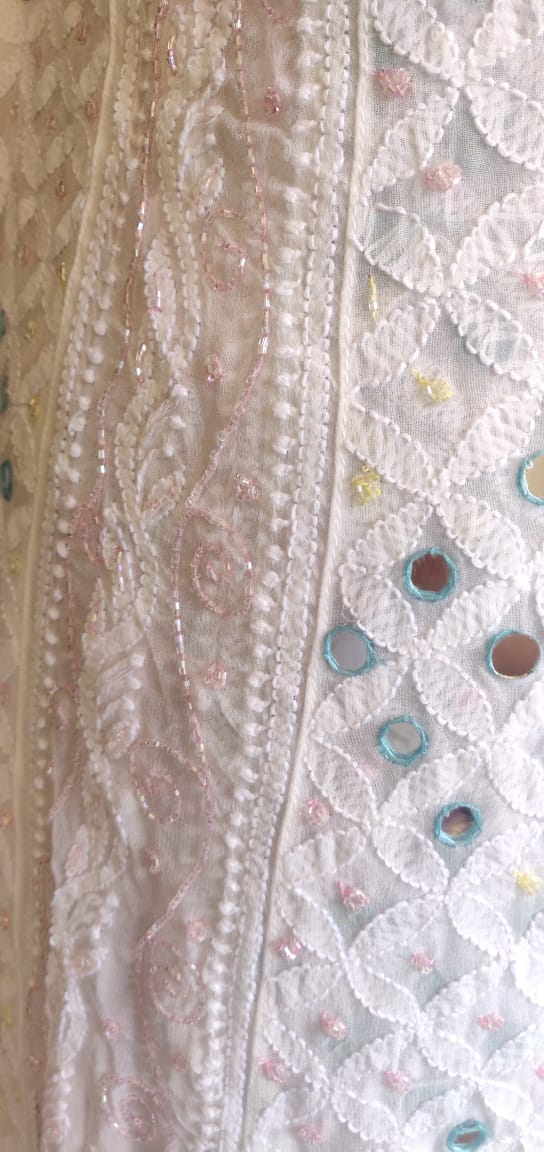 White Chikankari and Multicolored Cut Dana Mirror and Pearl Work Anarkali