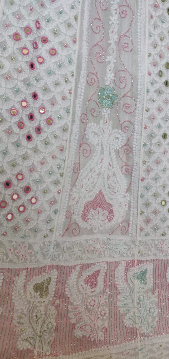 White Chikankari and Multicolored Cut Dana Mirror and Pearl Work Anarkali