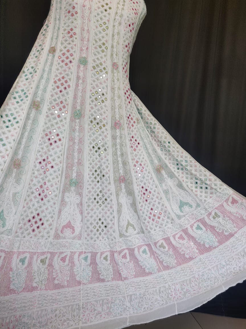 White Chikankari and Multicolored Cut Dana Mirror and Pearl Work Anarkali