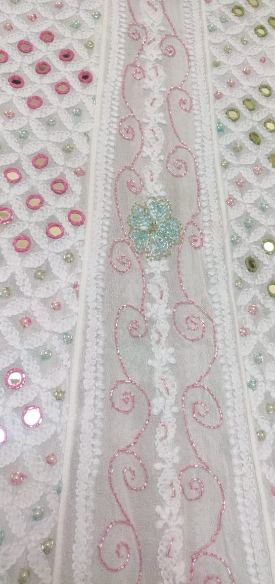 White Chikankari and Multicolored Cut Dana Mirror and Pearl Work Anarkali