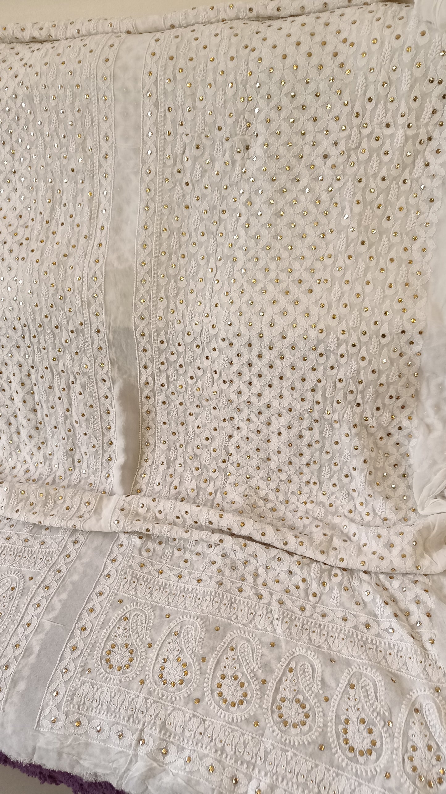 White Half Pure Georgette allover Chikankari and Mukaish Men's Sherwani Fabric