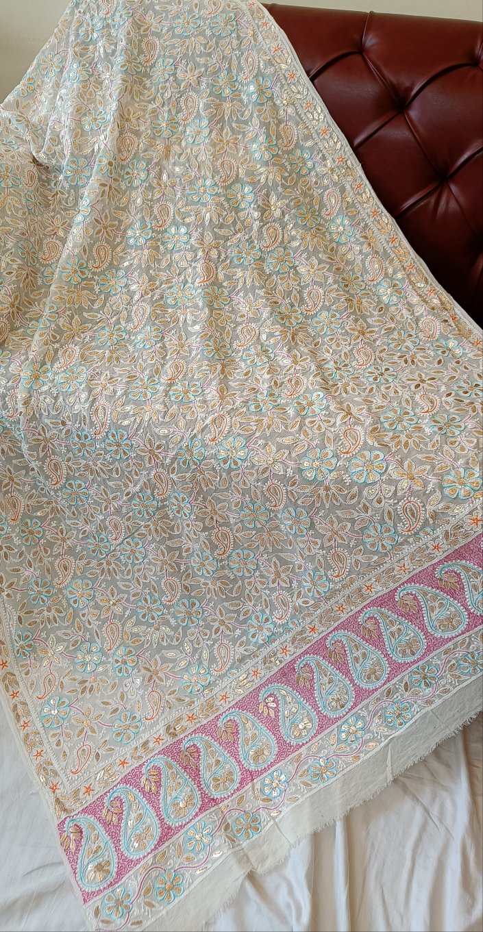 Ruhani Ivory Chikankari multicolored resham and gota patti pure georgette wedding dupatta