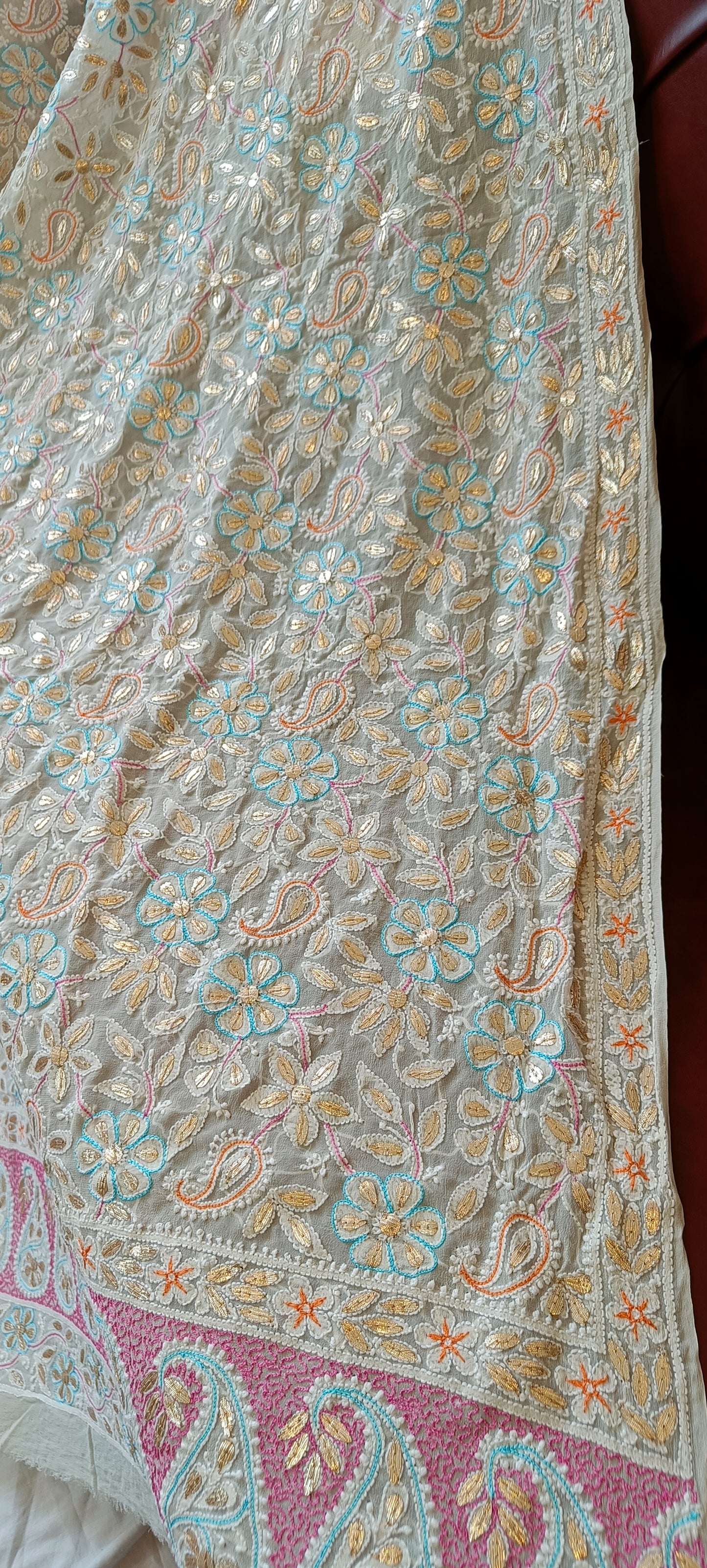 Ruhani Ivory Chikankari multicolored resham and gota patti pure georgette wedding dupatta