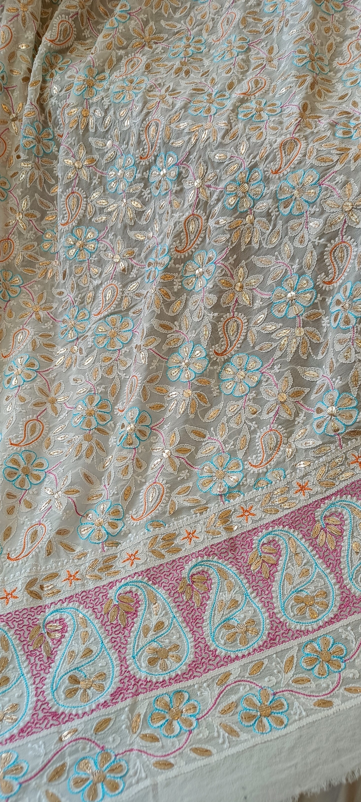 Ruhani Ivory Chikankari multicolored resham and gota patti pure georgette wedding dupatta