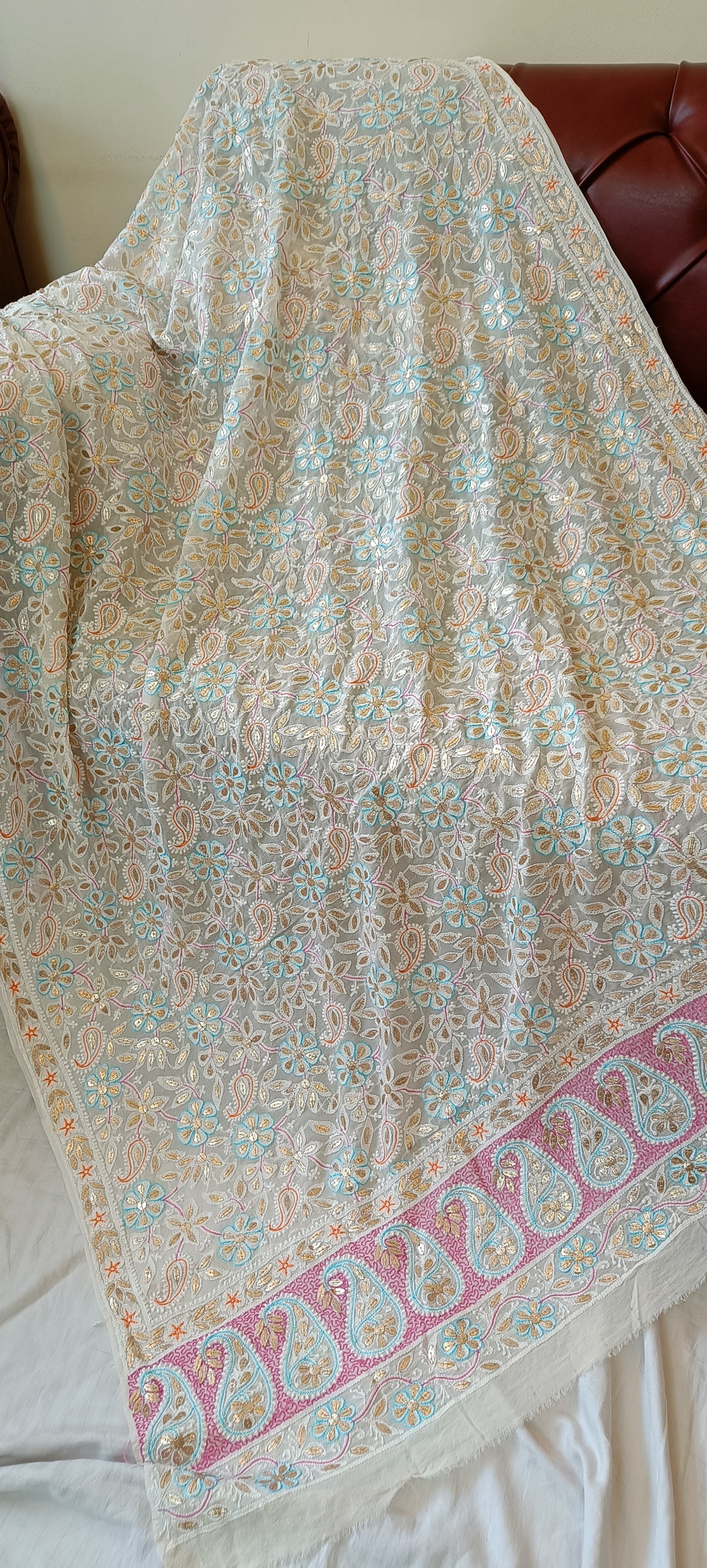 Ruhani Ivory Chikankari multicolored resham and gota patti pure georgette wedding dupatta