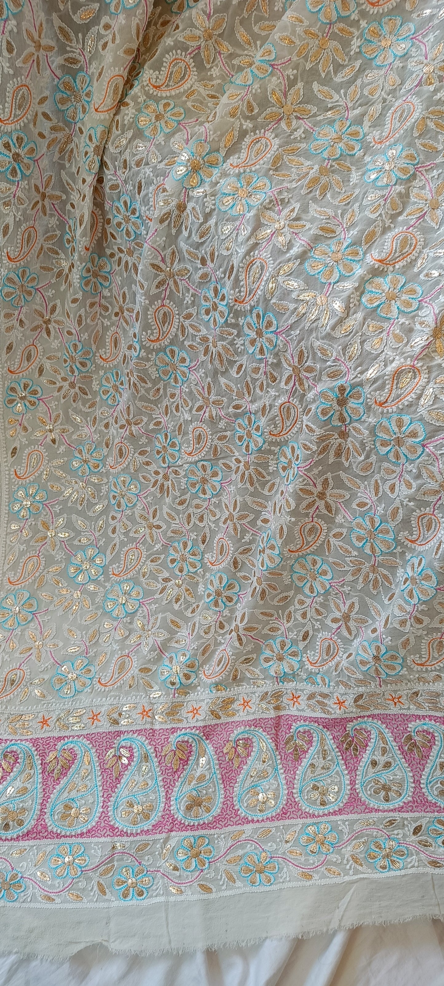 Ruhani Ivory Chikankari multicolored resham and gota patti pure georgette wedding dupatta