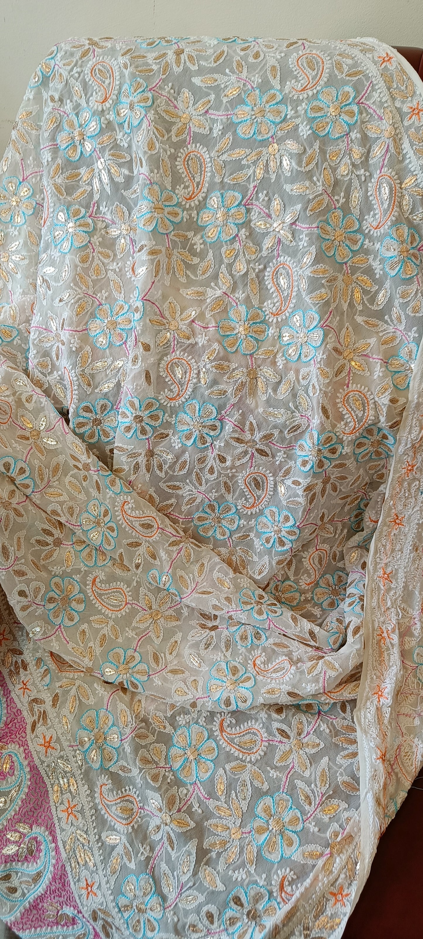 Ruhani Ivory Chikankari multicolored resham and gota patti pure georgette wedding dupatta