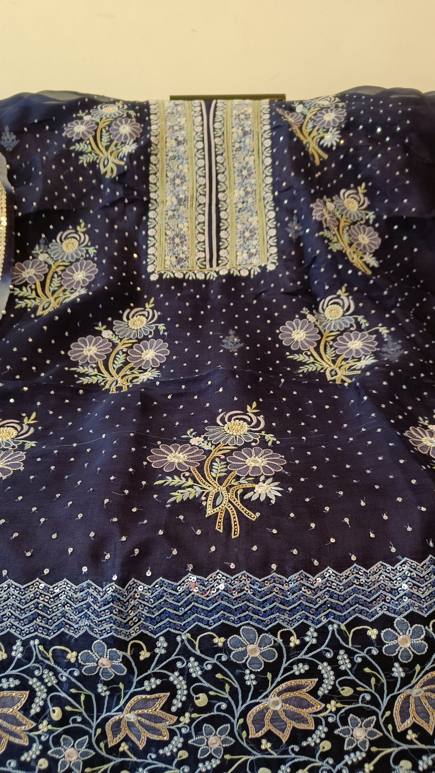 Ruhani Navy Blue masterpiece Chikankari pure Organza kurta with dupatta