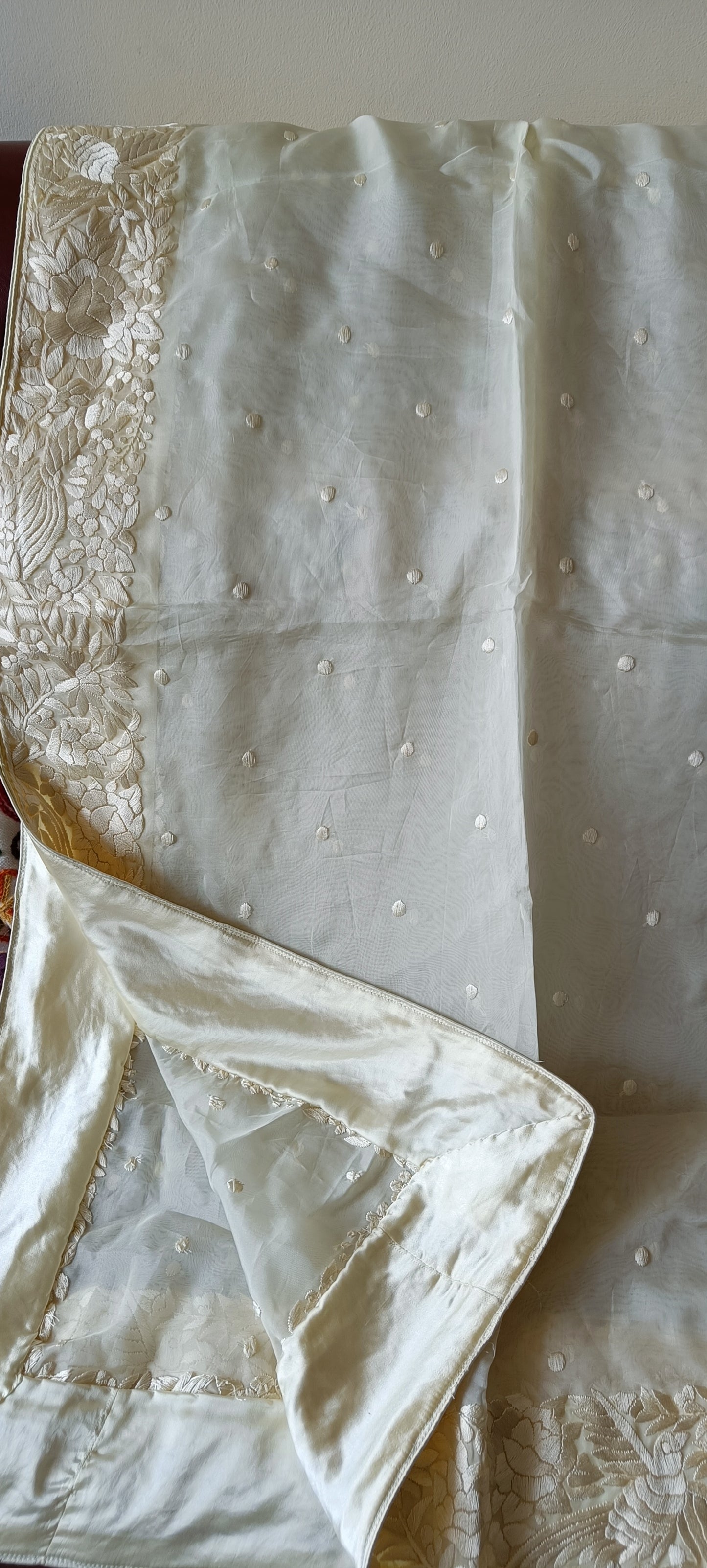 Cream Organza Dupatta with Parsi Gara Hand Embroidery