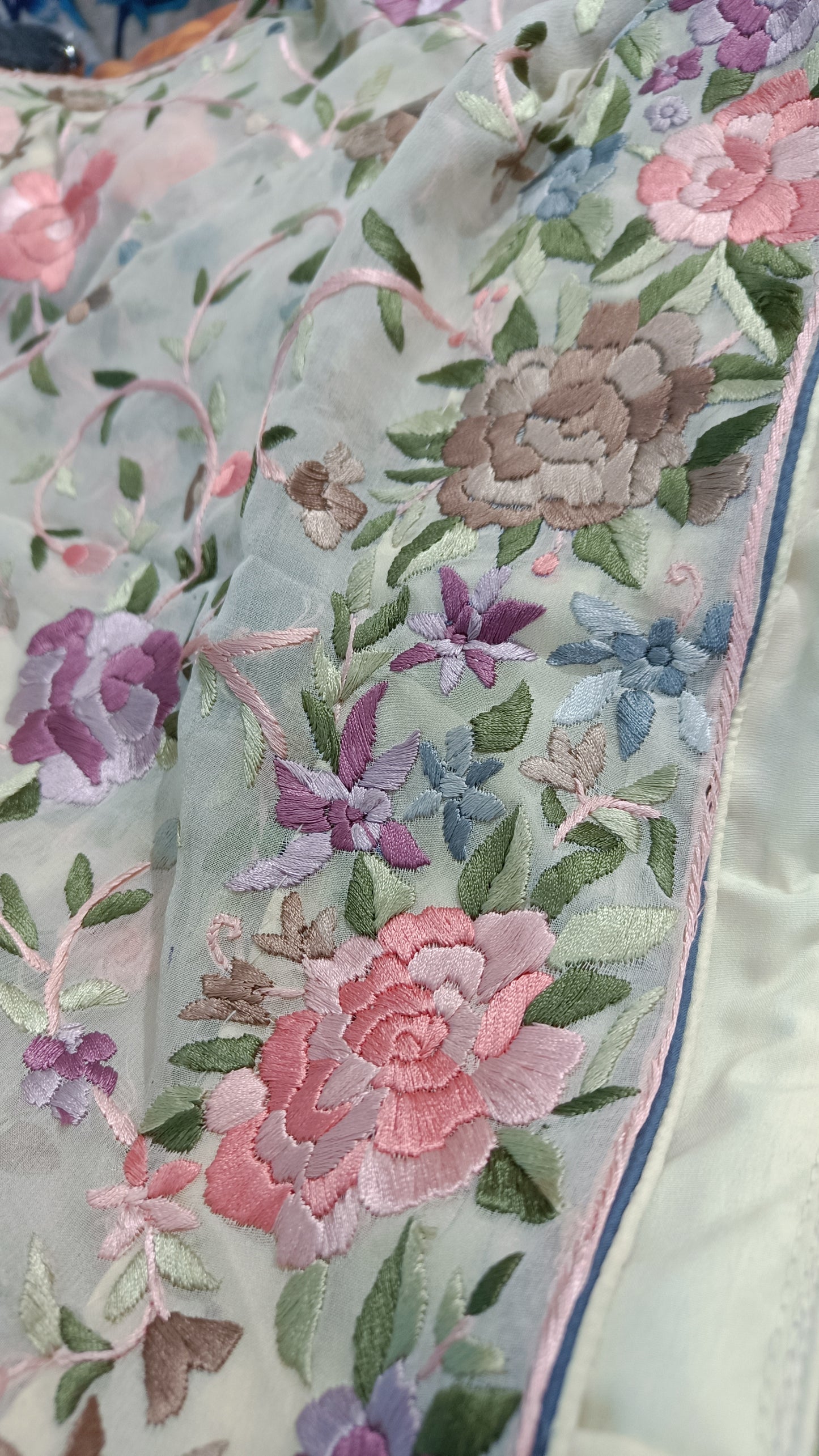 Cream Multicolored Parsi Gara Hand Embroidered Dupatta