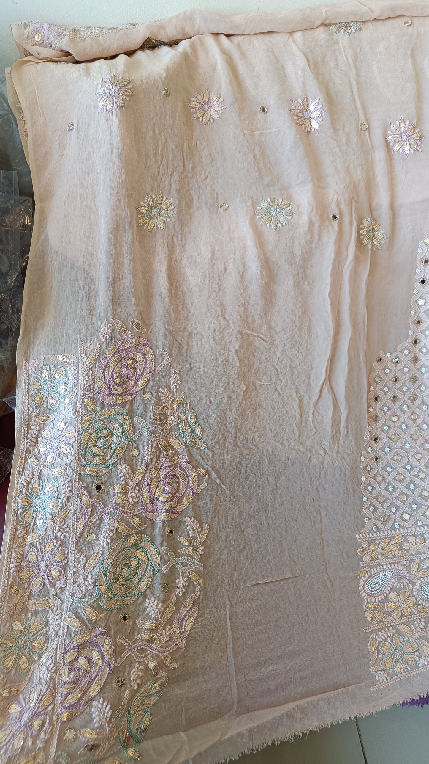 Ruhani Chikankari Mirror Gota and Multicolored Aari Work Wedding Lehenga