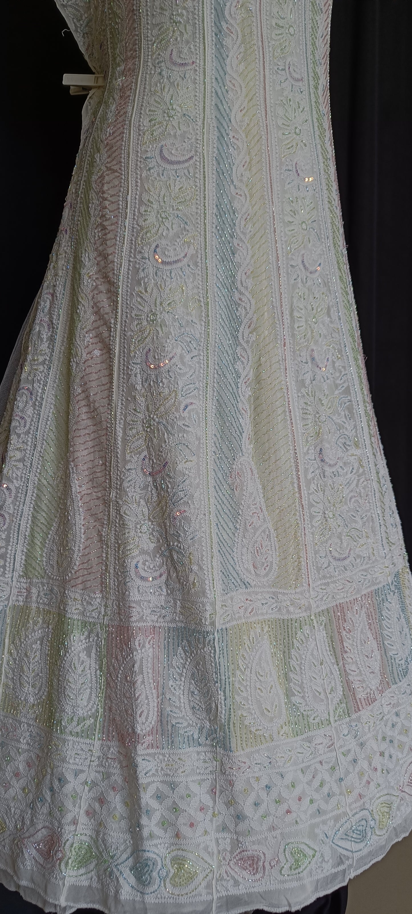 White Chikankari and Multicolored Cut Dana and Pearl Work Anarkali