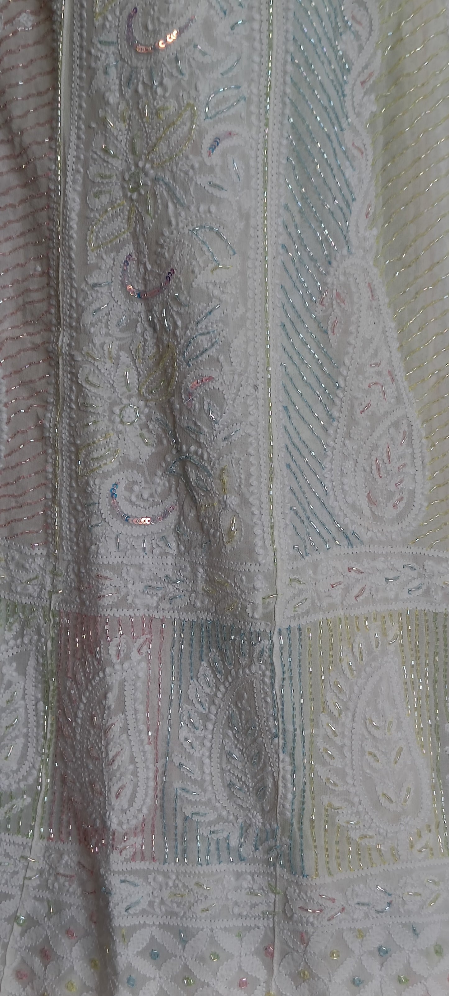 White Chikankari and Multicolored Cut Dana and Pearl Work Anarkali