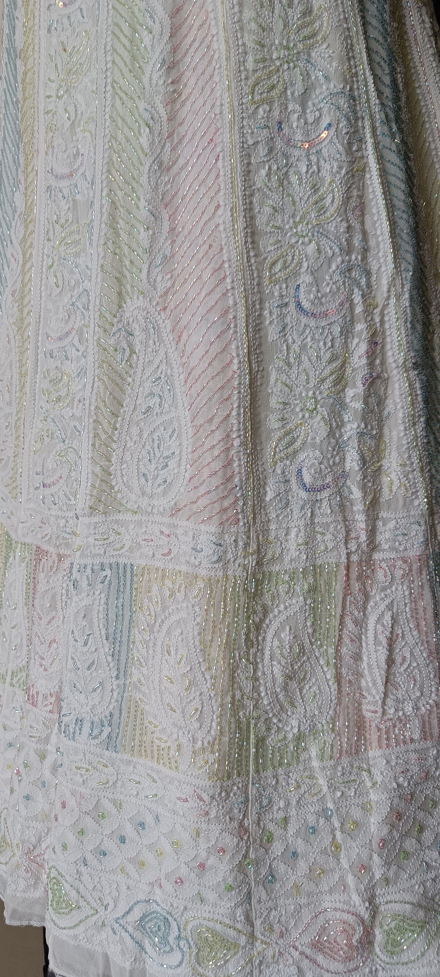 White Chikankari and Multicolored Cut Dana and Pearl Work Anarkali