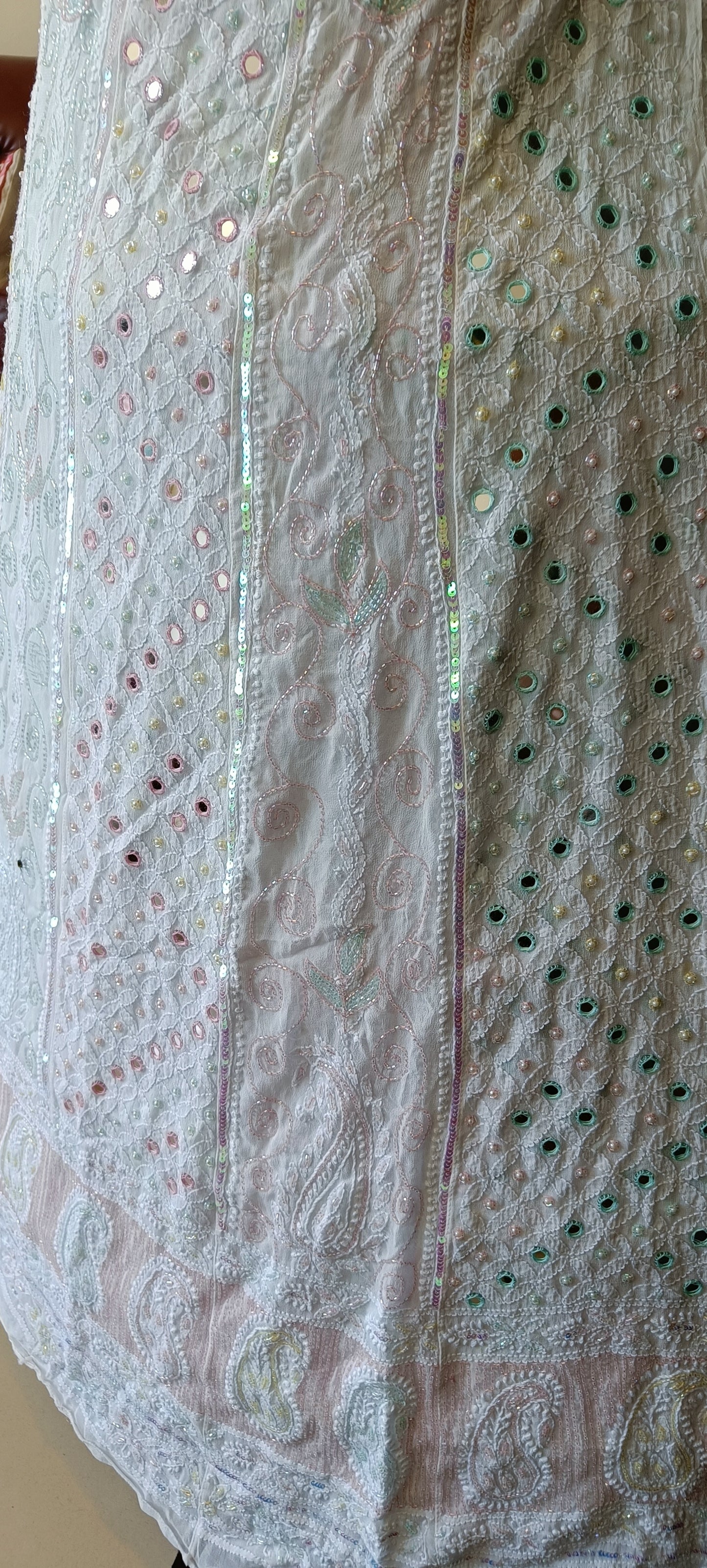White Chikankari and Multicolored Cut Dana Mirror and Pearl Work Anarkali