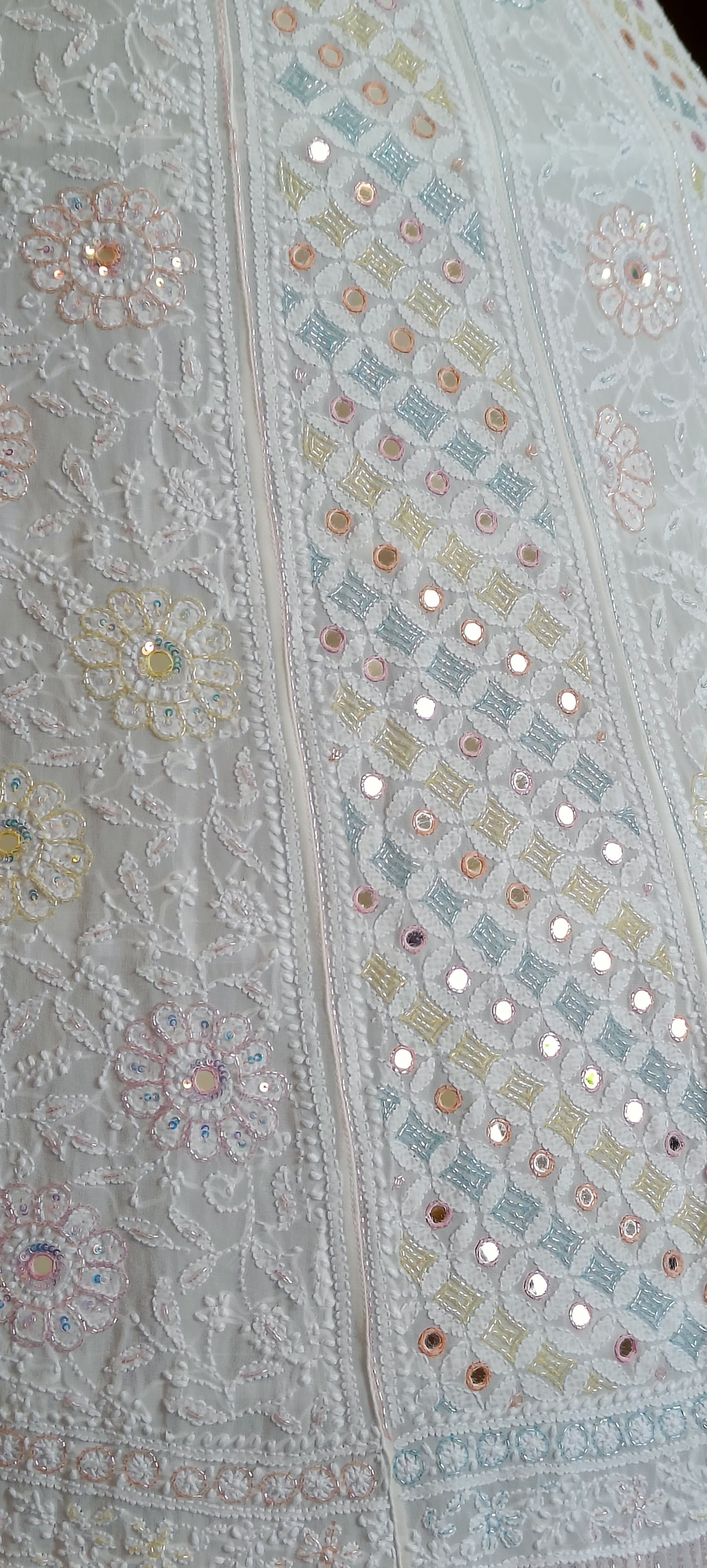 Ruhani Ivory Chikankari Mirror Multicolored Cut Dana Sequins Wedding Lehenga