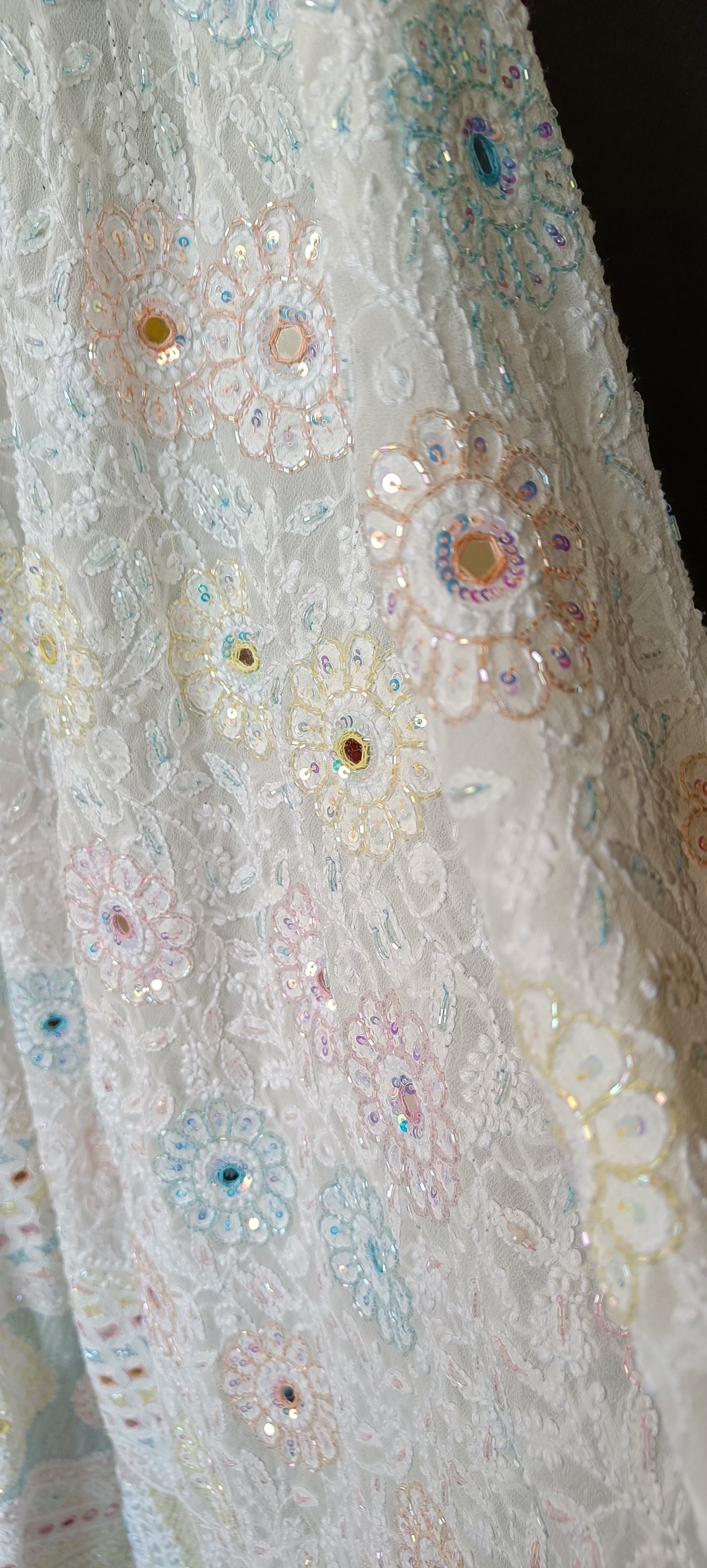 Ruhani Ivory Chikankari Mirror Multicolored Cut Dana Sequins Wedding Lehenga