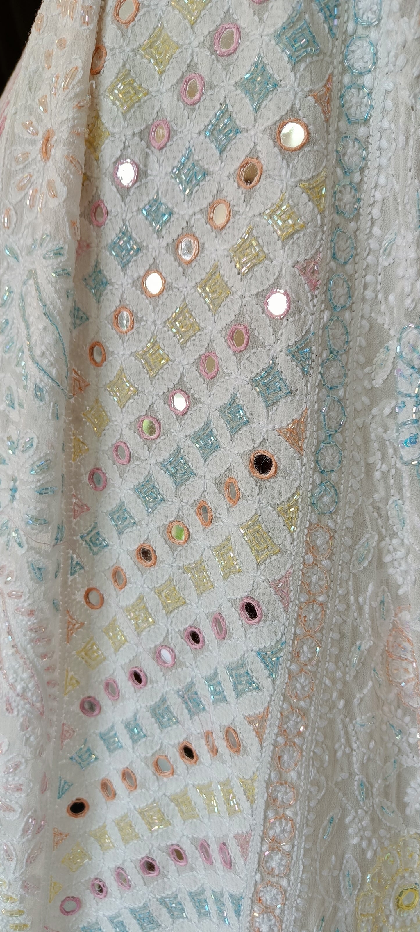 Ruhani Ivory Chikankari Mirror Multicolored Cut Dana Sequins Wedding Lehenga